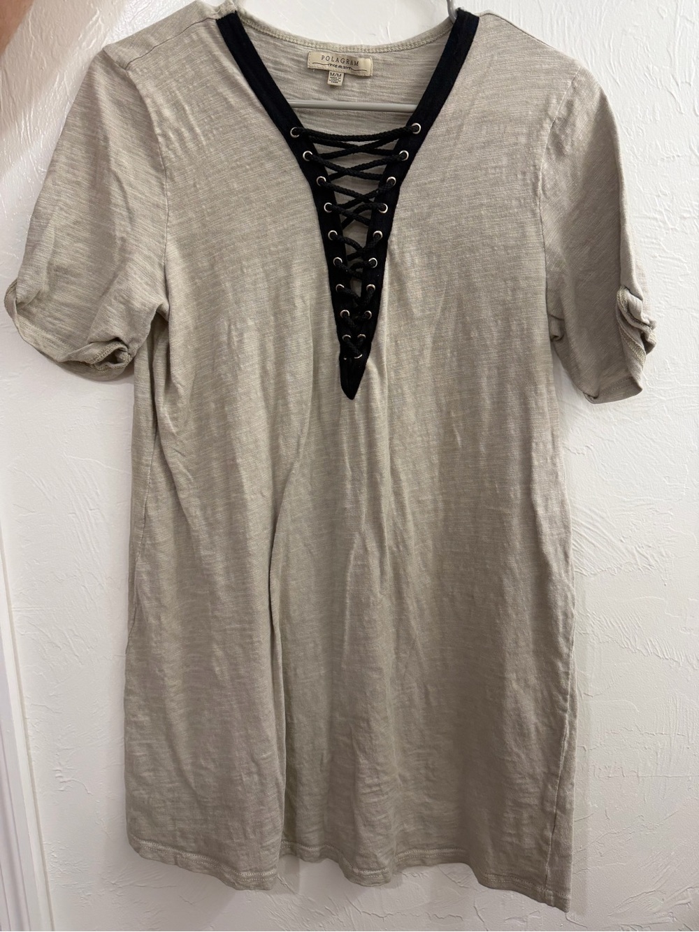 Polagram Taupe Mini Dress with Black Lace-Up Trim